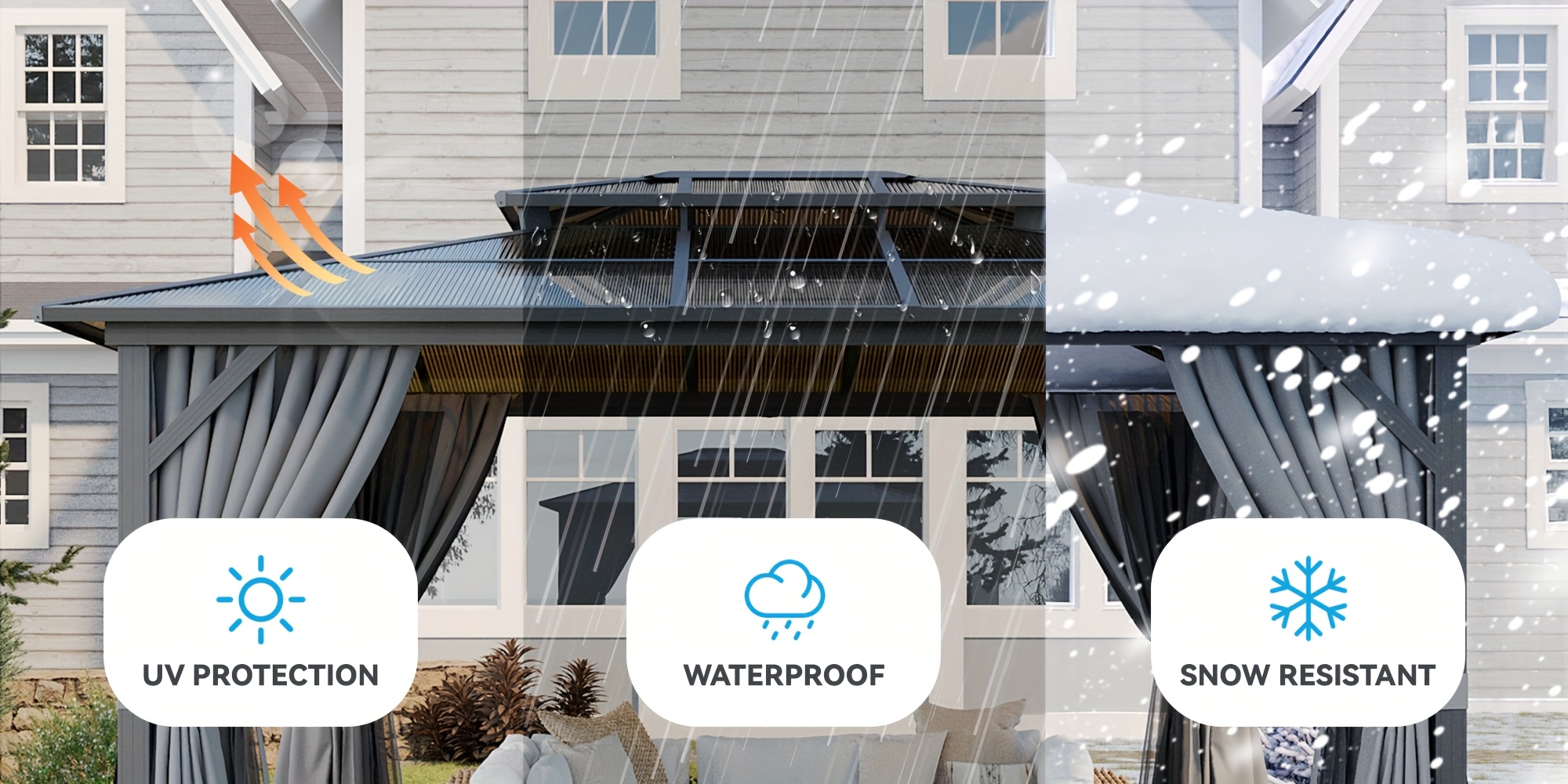 14'x12' Hardtop Gazebo for Patio, Outdoor Aluminum Gazebo with Double Roof, Curtains & Netting, Weather-Resistant Permanent Pavilion, Backyard Patio Furniture for Garden, Lawn, Deck (Gray)