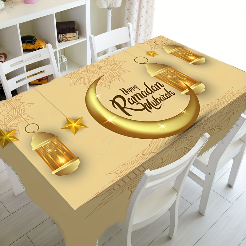 

Une nappe de Ramadan, thématique pour , avec un motif de croissant et de lanterne dorée, lavable et parfaite pour les décorations de table de cuisine festives, adaptée aux réunions familiales.