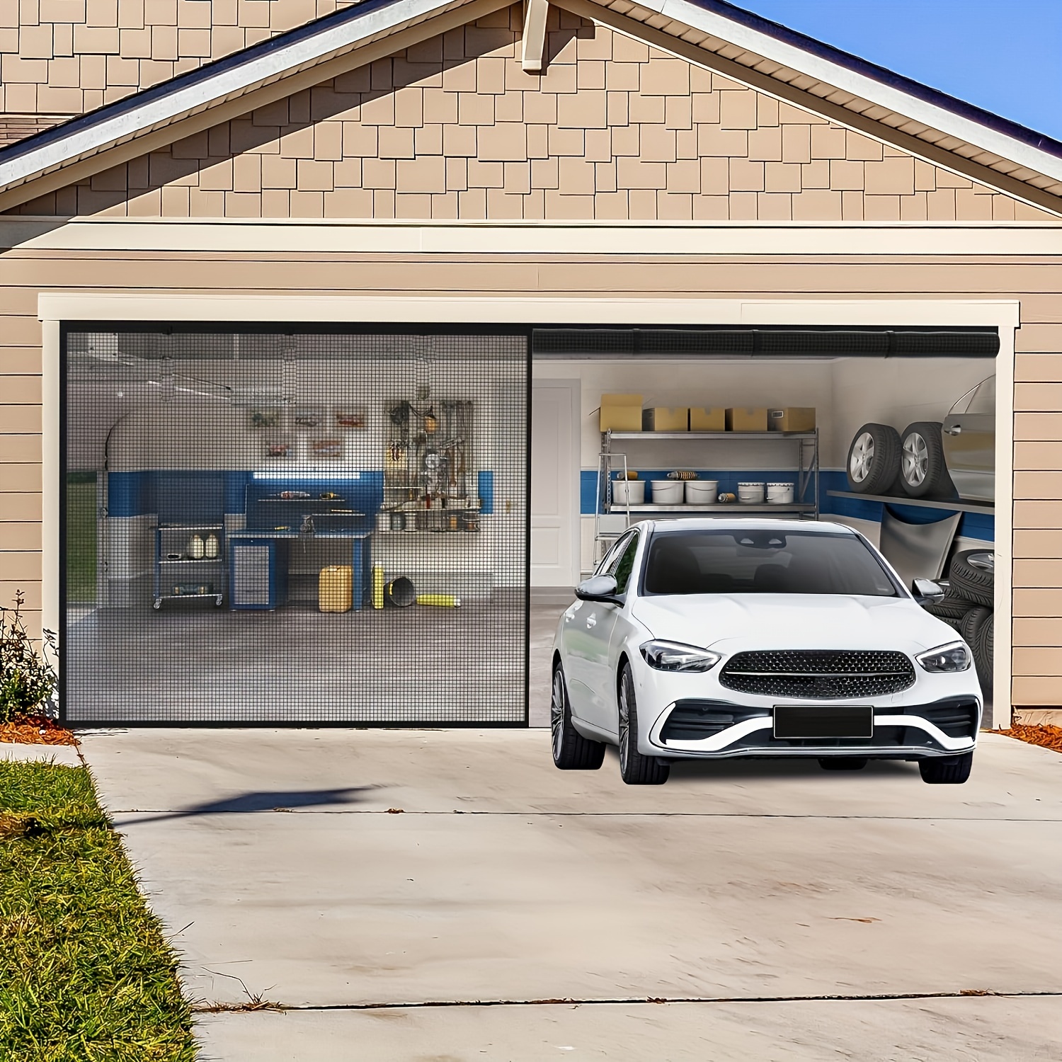 

1pc Double Garage Screen Door, Magnetic Closure, Fiberglass Mesh For 2 Car Garage, Full Frame Hook & Loop, Hands-free, Pet Friendly, Prevents Bugs And Mosquitoes, Easy To Install Garage Net Kit