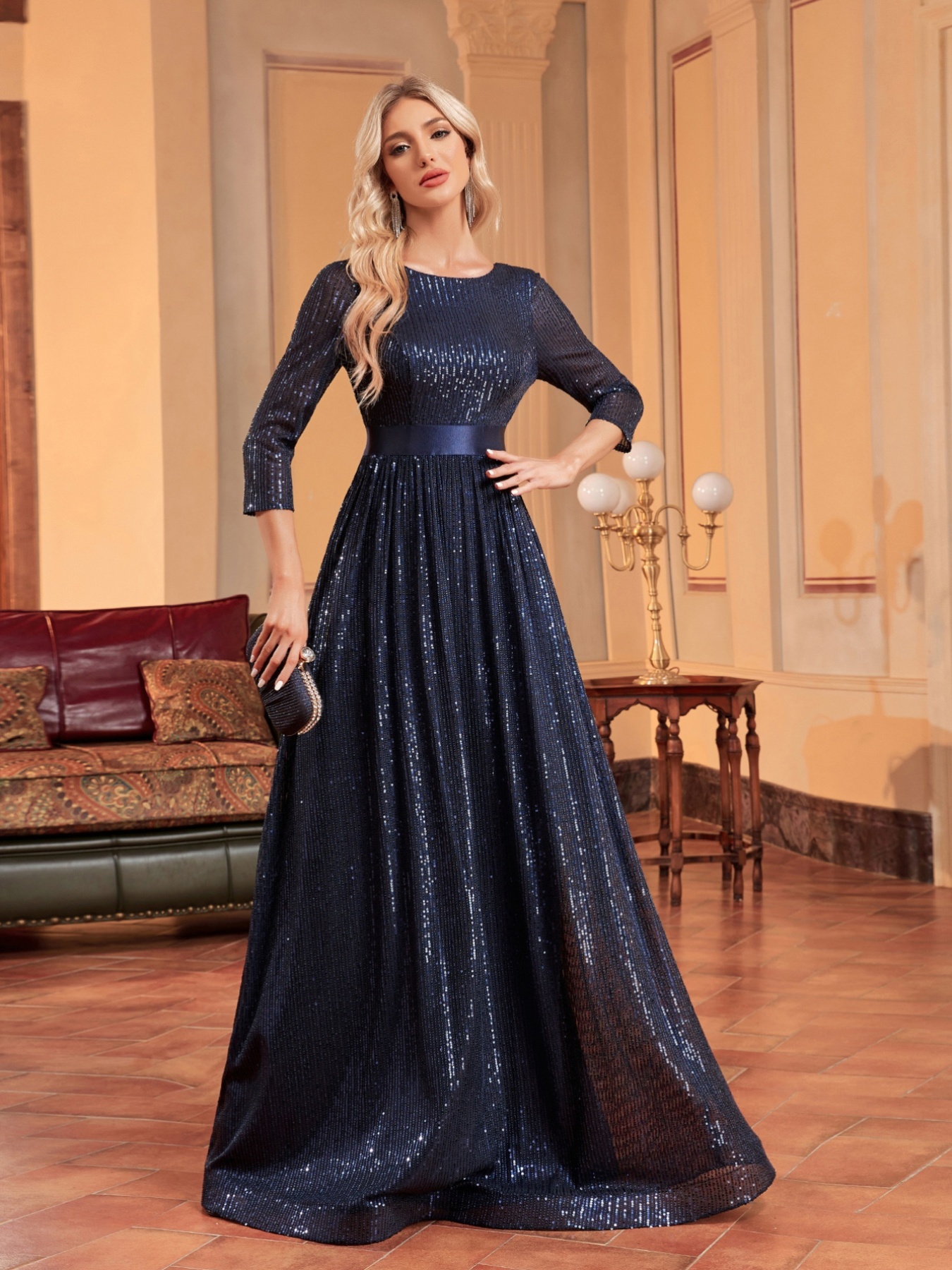 unique black formal dresses Long Black Formal Dress with Three-Quarter Sleeves Black / 6
