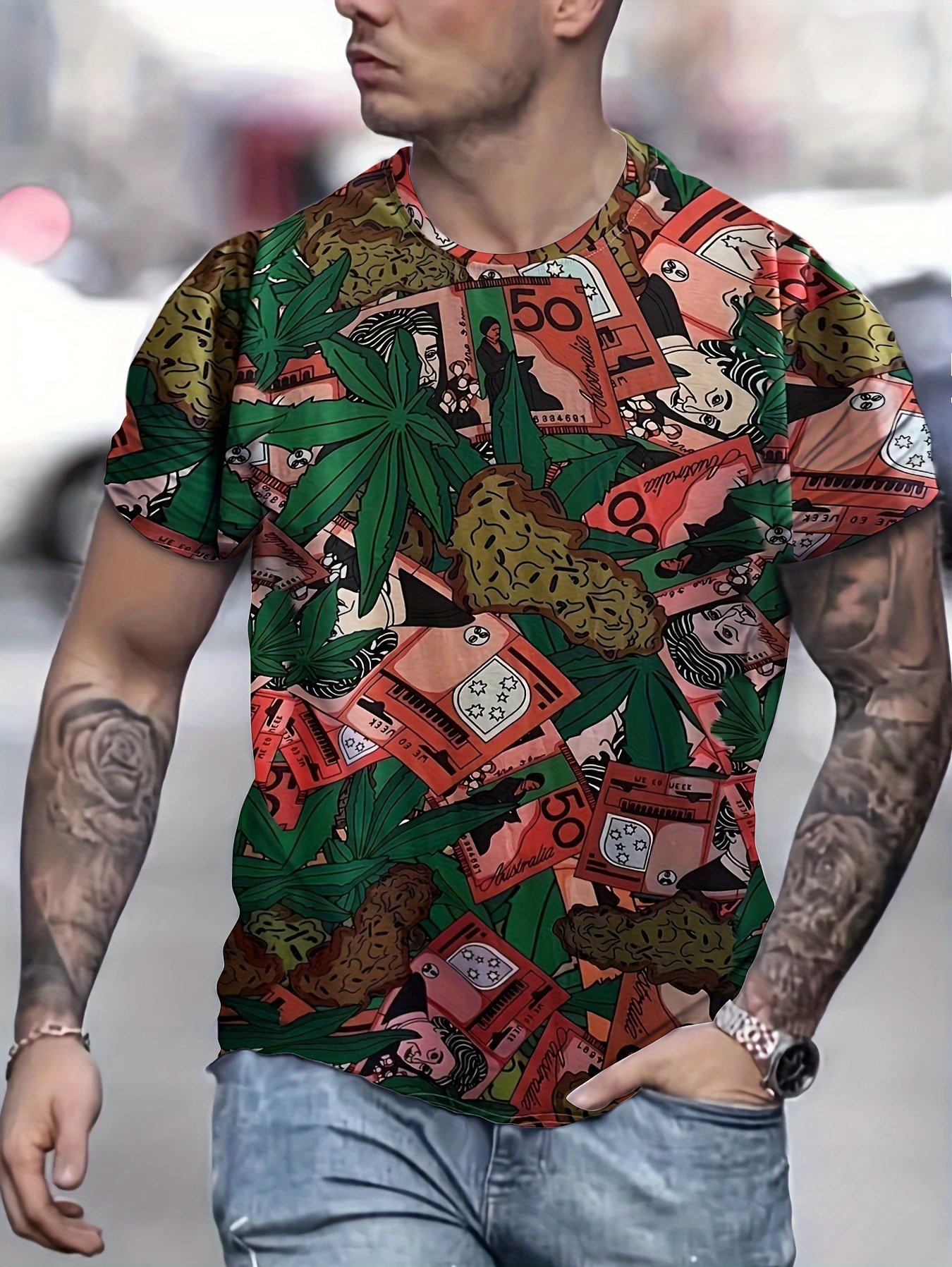 Men's Leaf Printed Big and Tall t-Shirts Short Sleeve Round Neck  Lightweight tee Shirts Summer Outdoor Casual Tops
