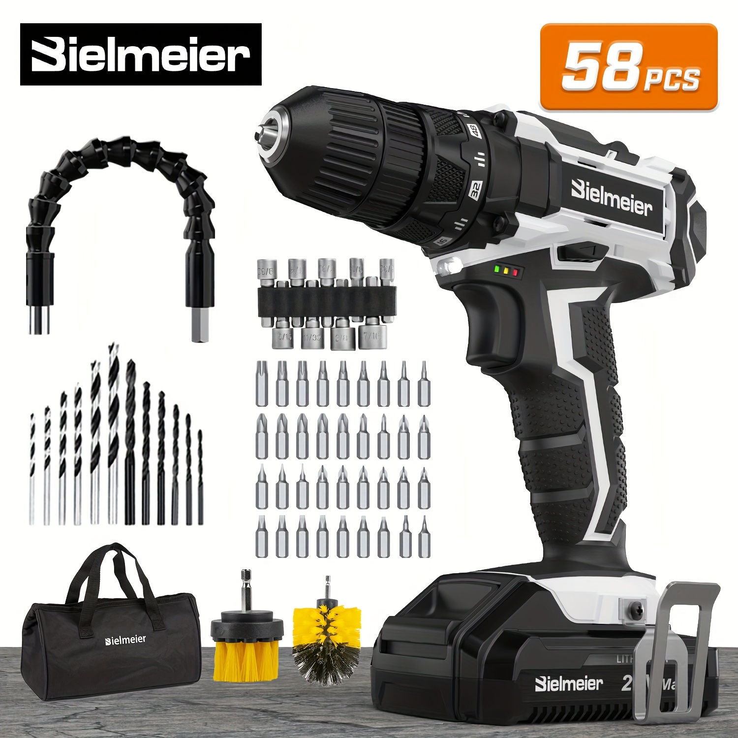 

20v Max Cordless Drill Set, 285 In-lb Torque, 2 Variable Speed, 64+1 Position, 3/8" Keyless , Drill Machine Includes 2 Brushes, Flex Shaft, Cloth Bag & 58 Drill Bits