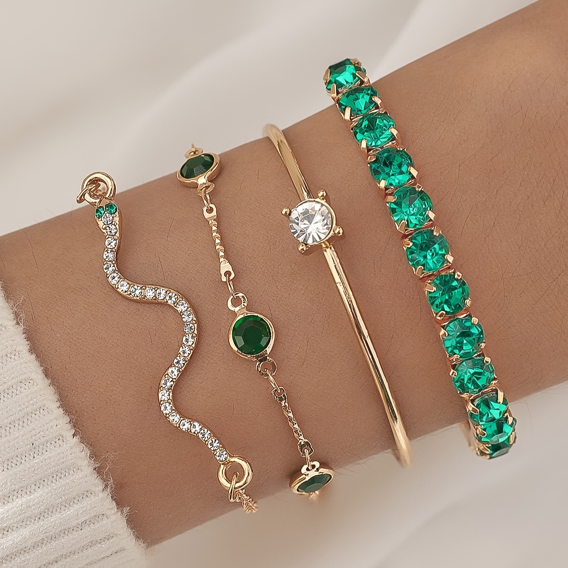 

Bohemian Vintage-inspired Rhinestone Bracelet Set, Zinc Alloy Green Gemstone Bangles And Chain Link Bracelets For Women, Party, Dating, Gift, Valentine's Day - Set Of 4 Pieces