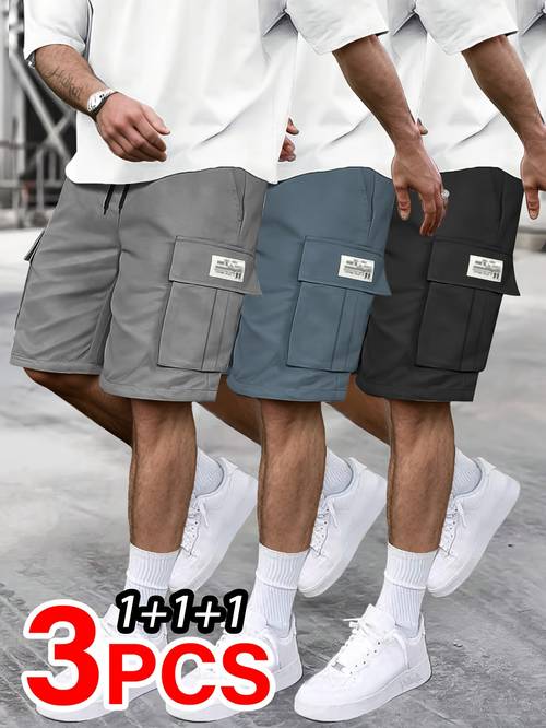 3pcs mens cargo shorts adjustable drawstring multiple pockets polyester blend solid colors in beige khaki dark gray black