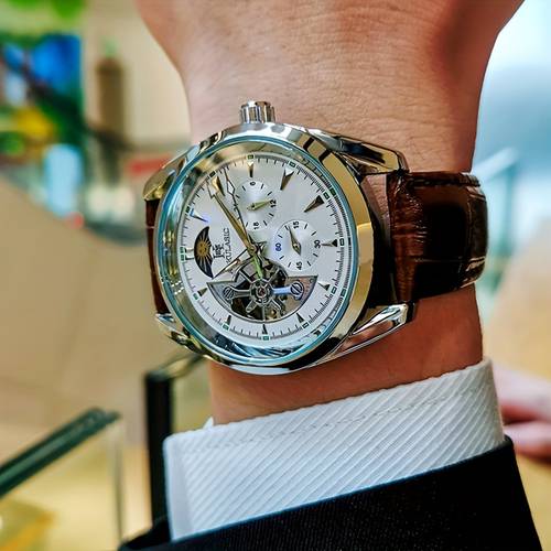 item picture mens automatic mechanical watch featuring a semi hollow spherical design and a phase indicator suitable for business and casual occasions tone neutral making it a great gift for valentines day or birthdays