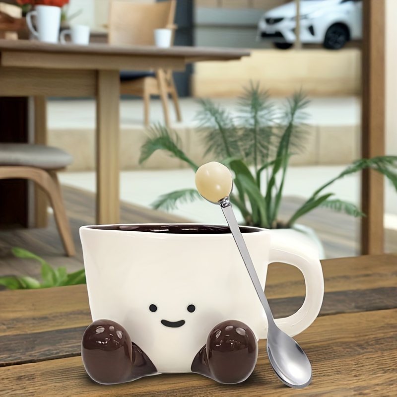 TEMU 1pc 350ml Cute Ceramic Cup With Spoon, Underglaze Cartoon Mug Water Cup Office Breakfast Cup, Suitable For Office, Home, Outdoor Picnic