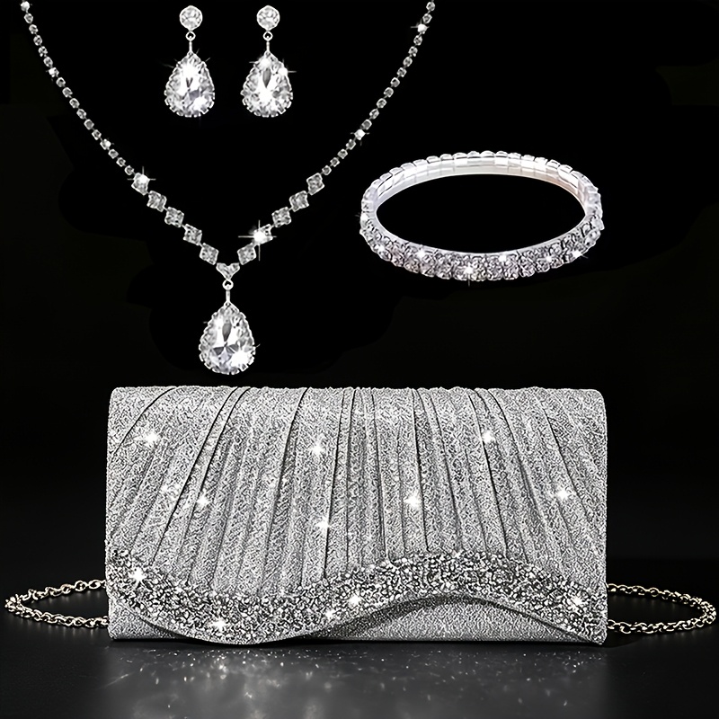 TEMU Women's Fashionable And Elegant Rhinestone Clutch Bag, Chain Shoulder Bag, Evening Bag, Party Bag, Rhinestone Necklace, Earrings, Bracelet,