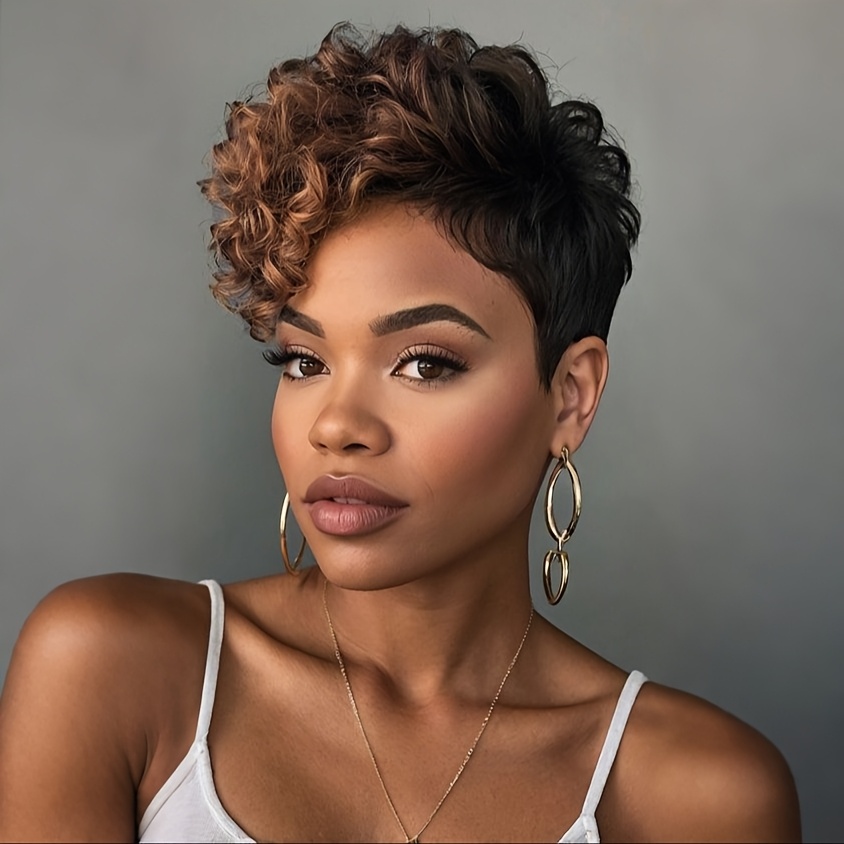 TEMU Synthetic Short Ombre Curly Wigs Featuring Bangs, Perfect For Women. This Wig In Brown And Black Is Ideal For Christmas Parties And Music Festivals