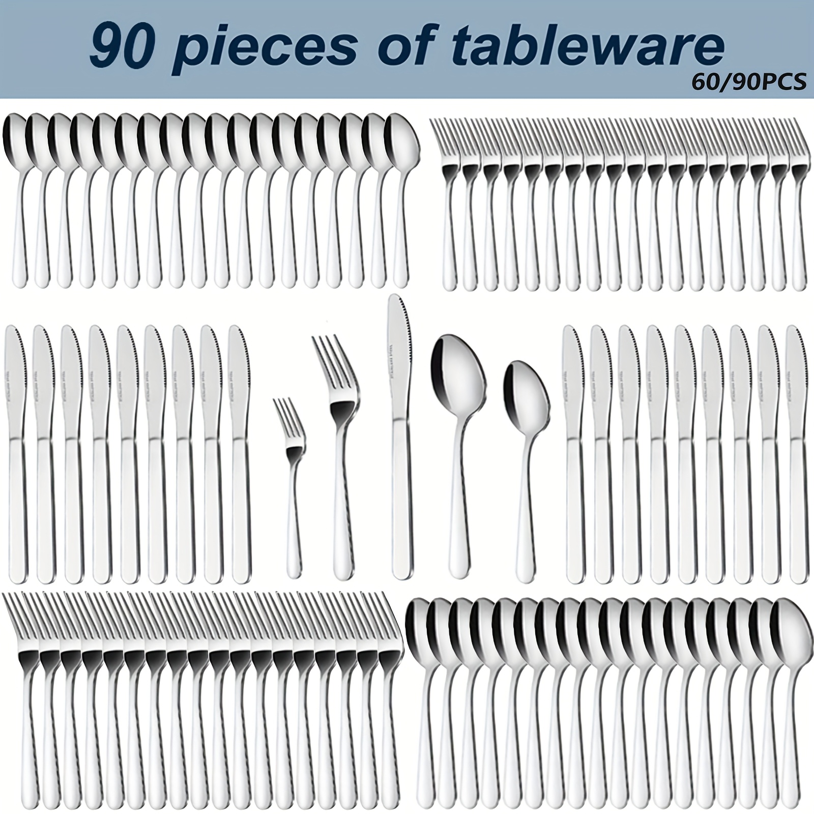 90P Stainless Steel Cutlery Set, Steak Knife Salad Fork Dessert Spoons, Suitable for 18 People to Use, 60/90pcs, with Gift Box, Kitchen Accessories, Home Outdoor Wedding Camping, Halloween Party Gift, Dishwasher Safe