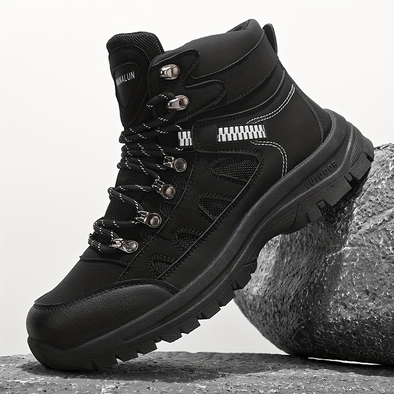 Men's High-Top Fashion Hiking Boots - Comfortable & Durable with Non-Slip PVC Sole, Lace-Up Closure, Green & Black Pattern for Outdoor Adventures, All-Season Wear