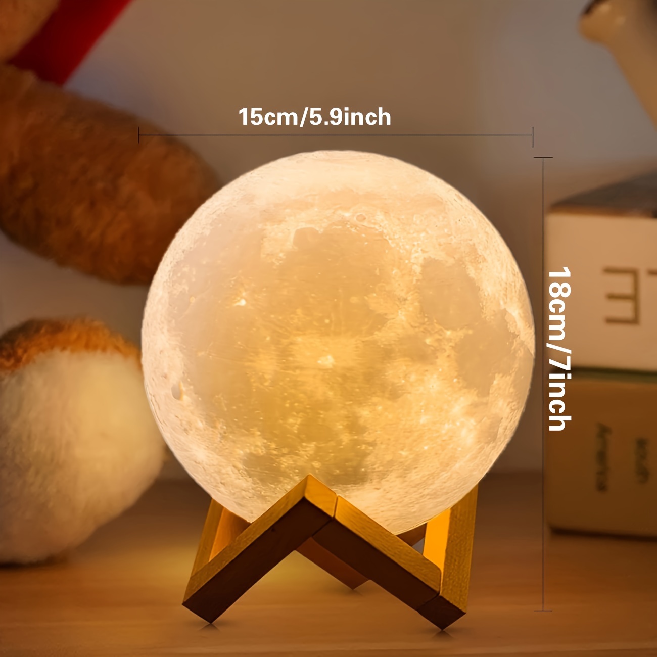 Night Lights Moon Lamp with Stand and Remote Control USB Plug-in Moon Lamp, White Ball Moon Lamp Wooden Frame Base, 16 Colors LED Night Light_voghion.com