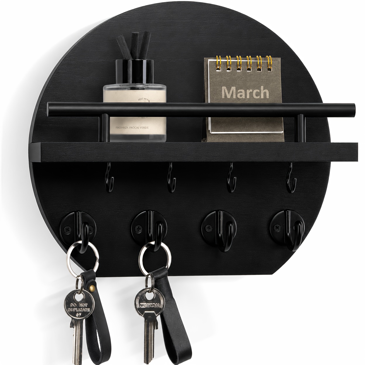 Wall Mounted Key Holder 11.8 Inch Wooden Key Rack With Shelf And 8 Hooks, Round Key Organizer For Home Decoration