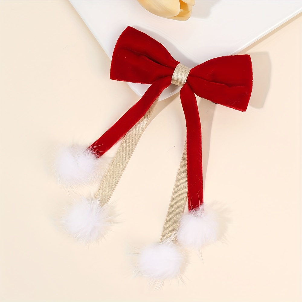 

1pc Red Bow Hair Clip With White Pom-poms, Non-woven Polyester, Alligator Clip, Party Hair Accessory For Teens, Patchwork Style, Fall/winter Season