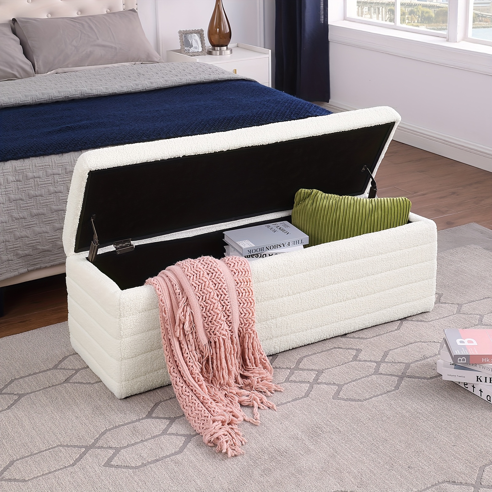Image of Storage Ottoman Bench 118cm Upholstered Fabric Storage Bench For Bedroom End Of Bed Aesthetic Large Ottoman For Living Room Entryway Ivory