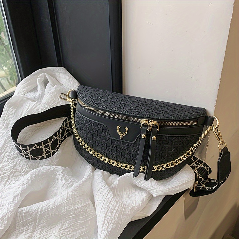 

Classic Solid Color Crossbody Bag, All-match Crescent Zipper Fancy Pack Forwomen, With Chain Decor Bum Bag Fanny Pack