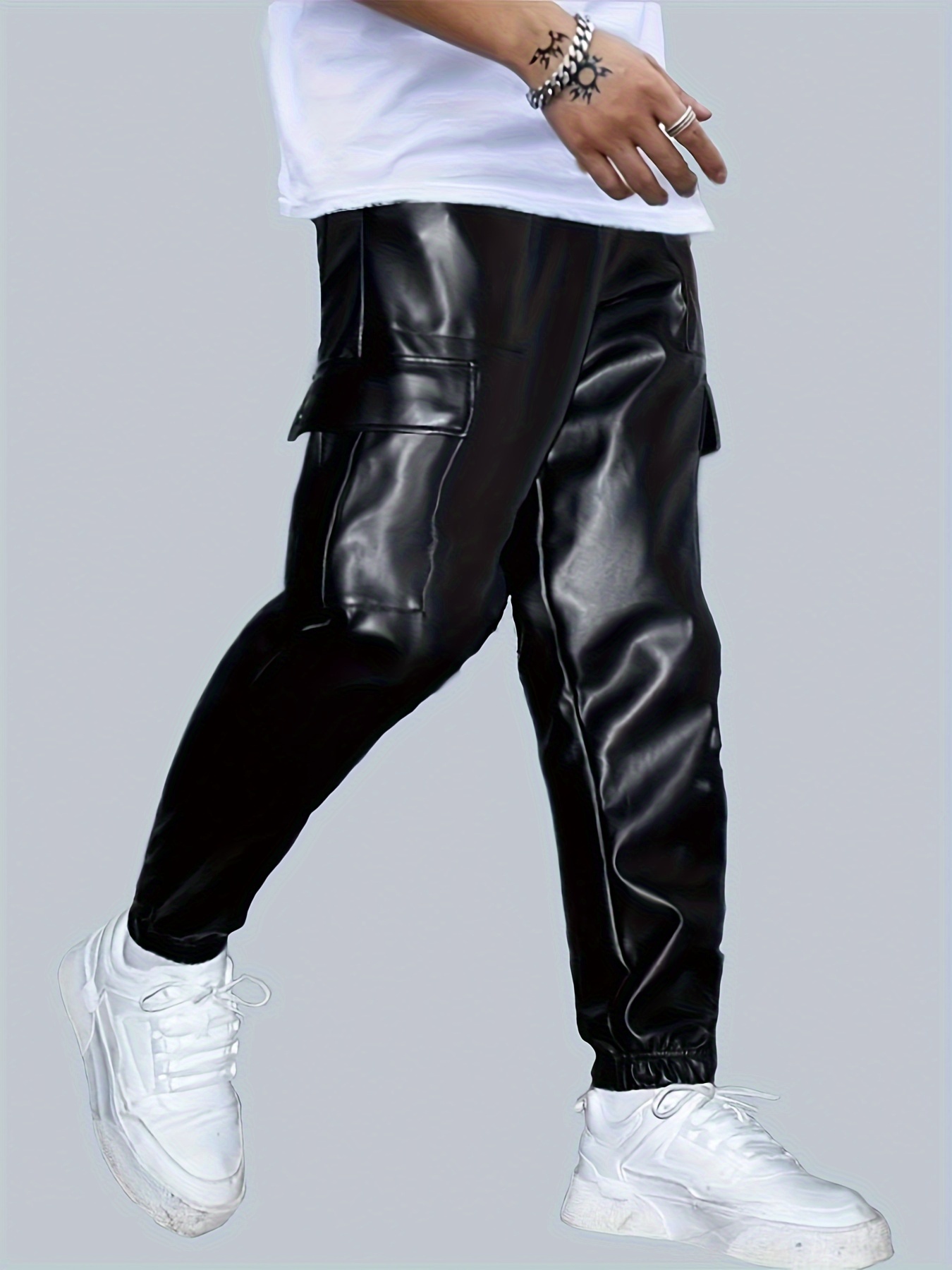 Men's Casual Pu Leather Pants Chic Flap Pocket Stretch Biker - Temu