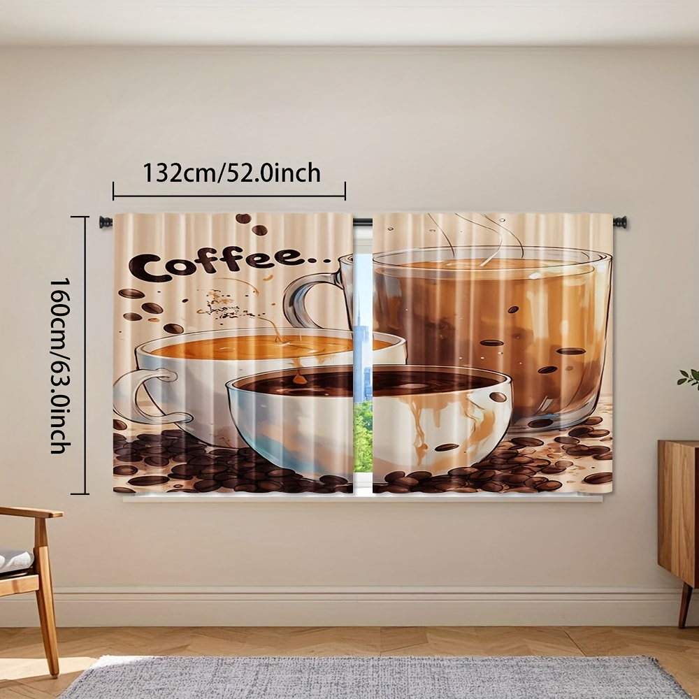 TEMU 2pcs Watercolor Coffee Bean Elf Curtains - Contemporary Cartoon Rod , 100% Polyester Semi-translucent Fabric, Machine Washable For Living Room,