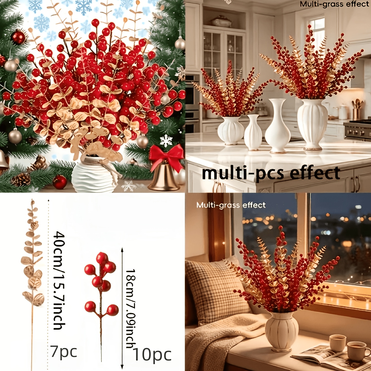 TEMU 17pcs Christmas Red Berries And Golden Eucalyptus Leaves Artificial Bouquet Faux Flowers Holiday Fake Flowers Decor Ornaments Suitable For