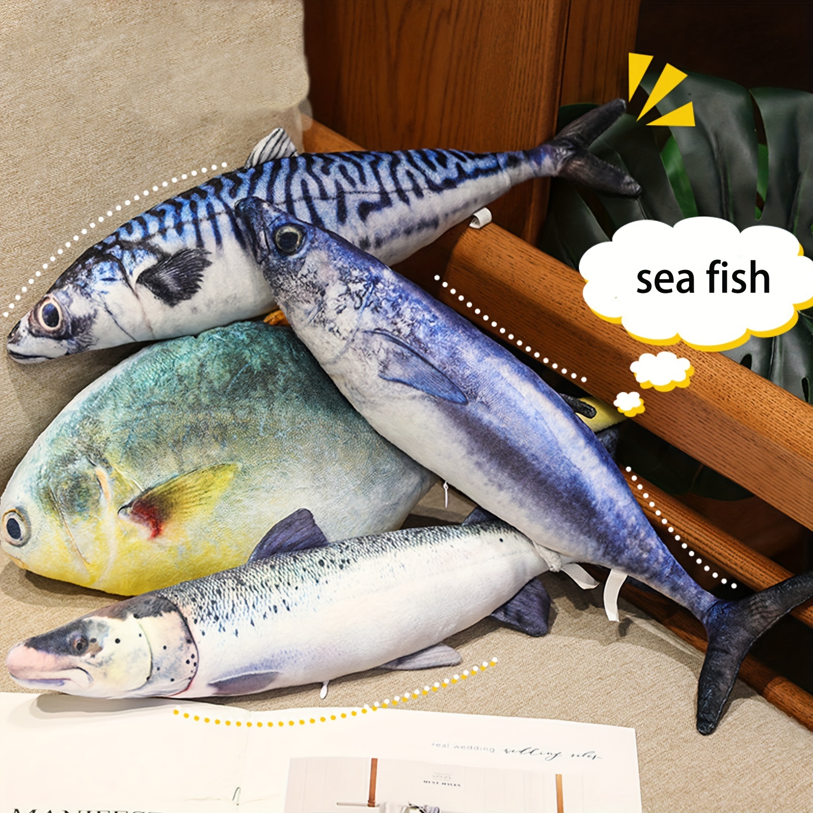 

40cm/15.74in Simulation Funny Fish Plush Toys, Soft Stuffed Animal Sea Fish Plush Pillow, Simulation Fish Salmon Tuna Grouper Doll Creative Sleep Cushion For Kids Girls Cat Toys