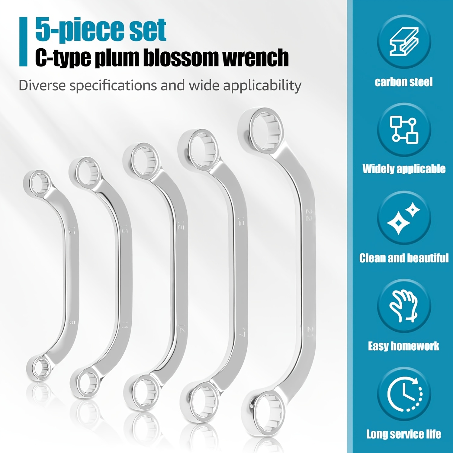 Image of 5pcs U-shaped Wrench Set Made Of High Carbon Steel With A High-gloss Polished End, Metric Sizes: 8-22 Mm, Non-slip , Ideal For Repairs, Car Maintenance, And Furniture Assembly