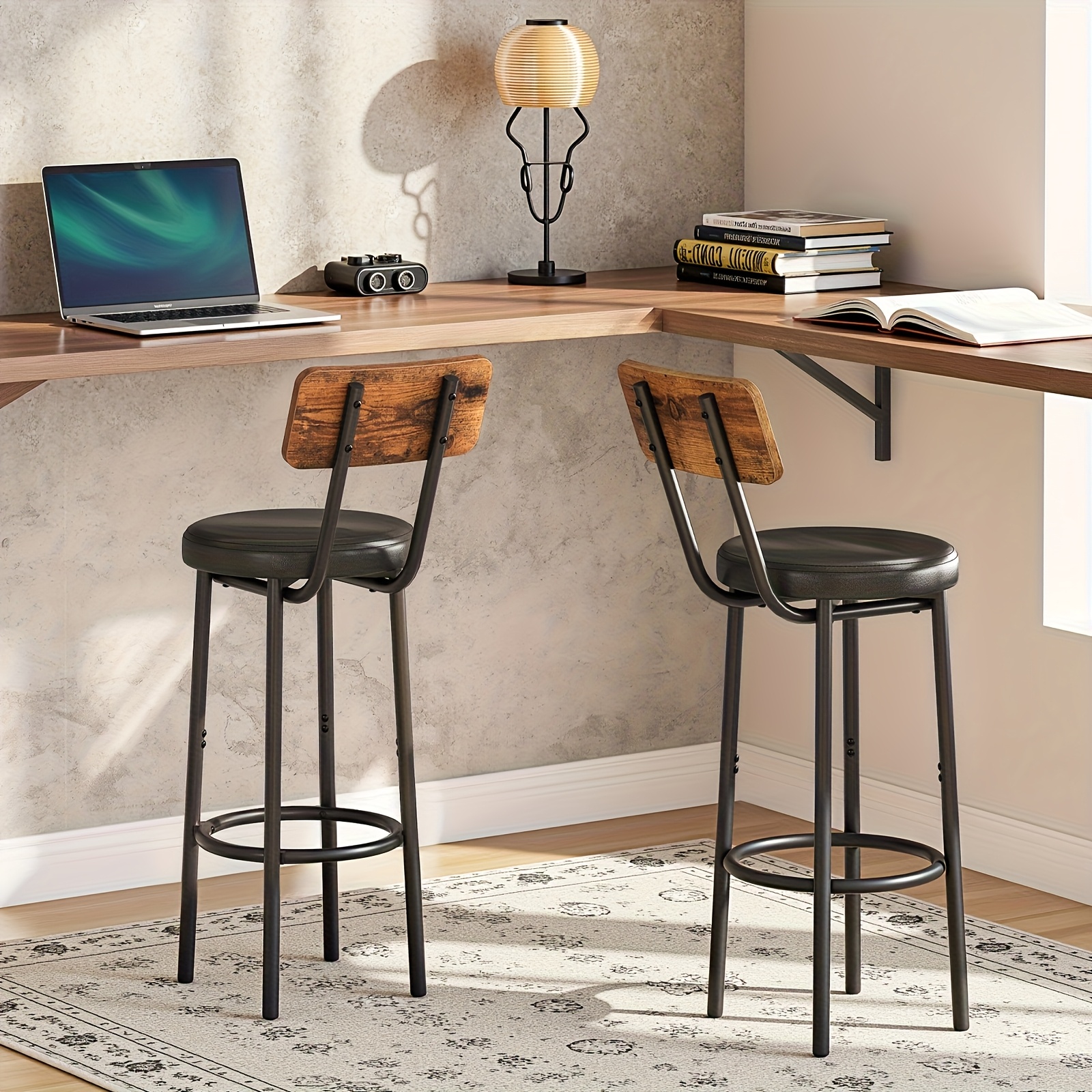 TEMU 2pcs Set Of Bar Stools With Backrest, Bar Chairs With Pu Leather Upholstery, Kitchen Chairs With Footrest, For Kitchen, Living Room, Bar, Easy