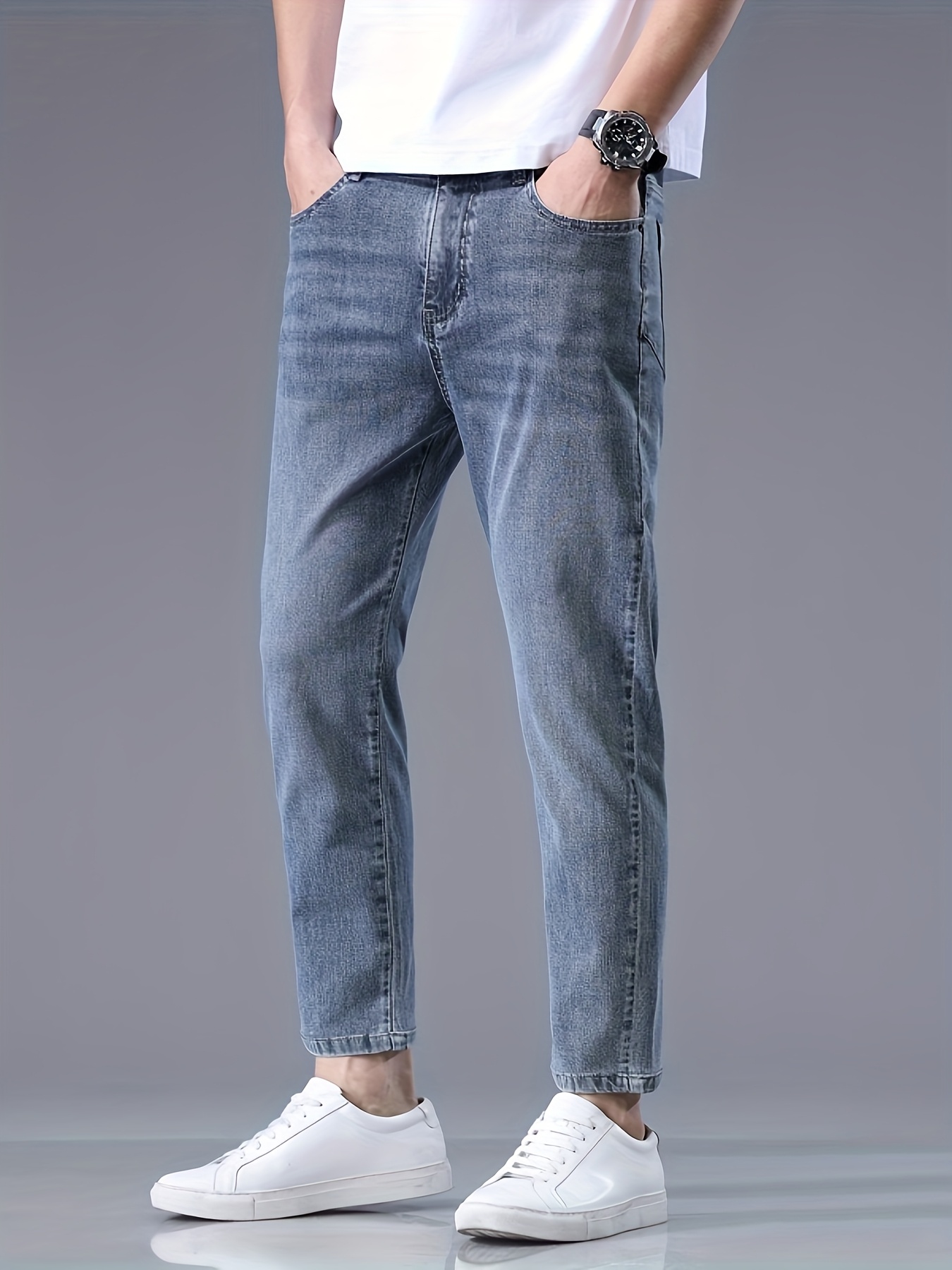 Men's Slim-fit Cropped Jeans, Distressed Denim, Classic Wash Process, Stretch Comfortable Fabric, Casual Pants, Versatile Minimalist Fashion Style Suitable for Various Occasions