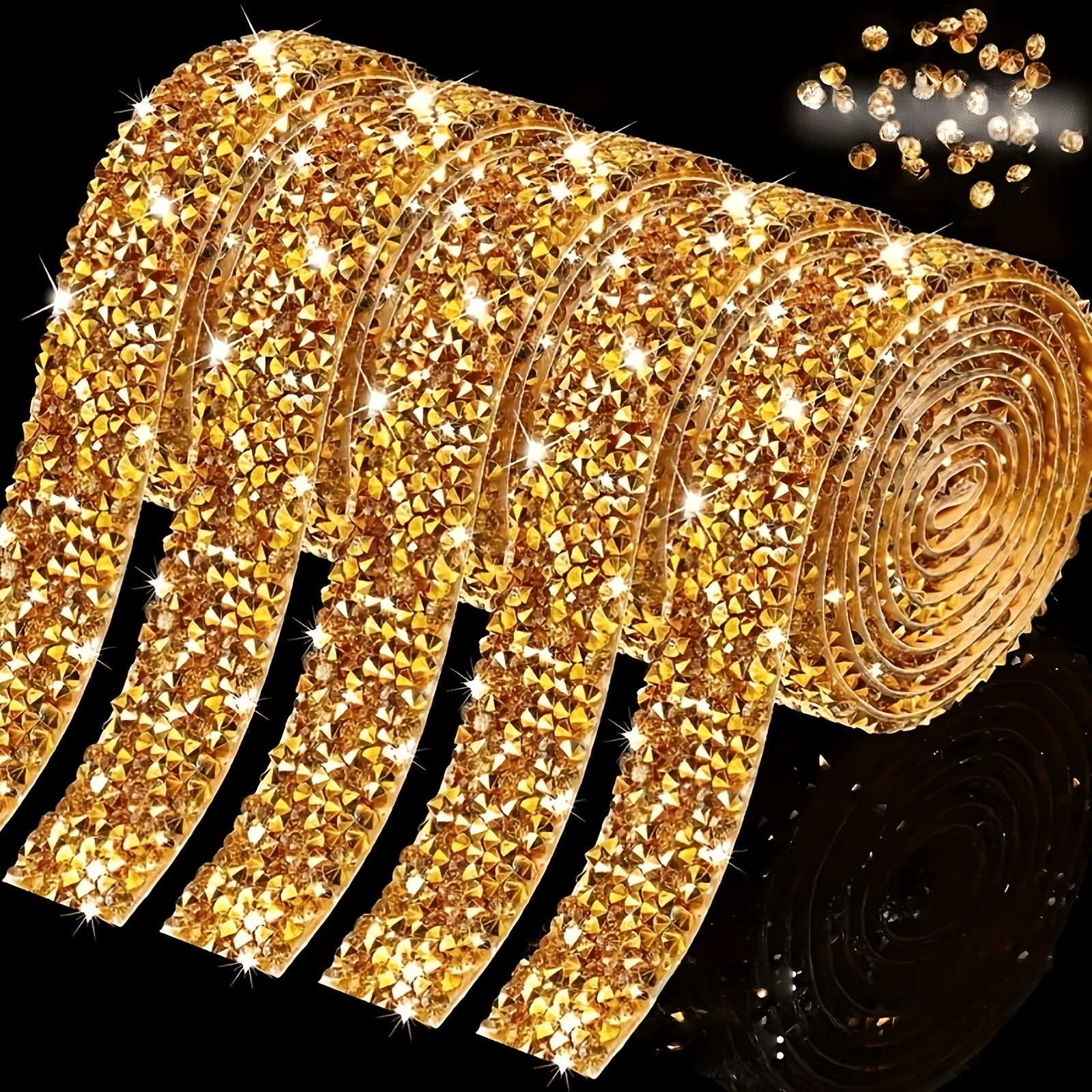 4 Rolls Sparkling Golden Rhinestone Trim for Decoration