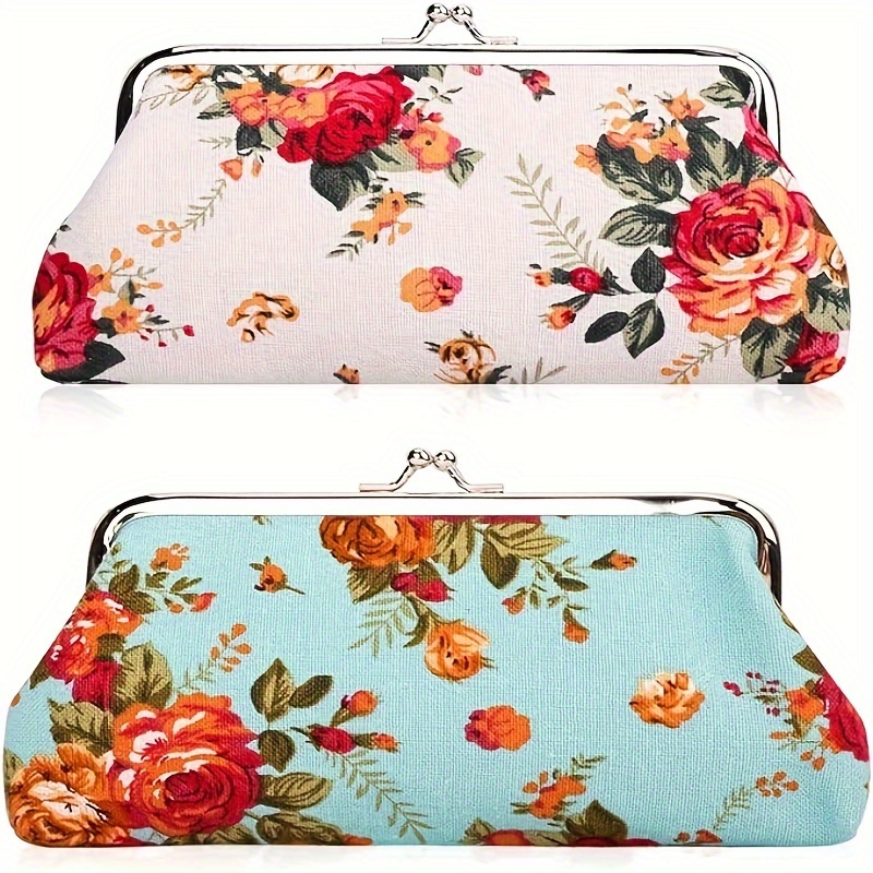 

Set Of 2 Vintage Chic Coin Purses - Fashionable Clasp Wallets With Polyester Lining And Coin Pocket, Elegant Floral Design, Ideal For Lipstick And Keys Storage - Stainless Steel Frame, Mixed Materials