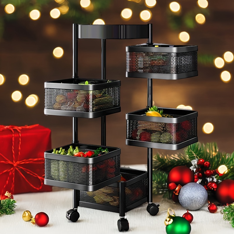 -layer Black Rotating Shelf, Multi-functional Floor-standing Shelf For Living Room And Bathroom, With Universal Wheels, Kitchen Storage Shelf, No Installation Required.