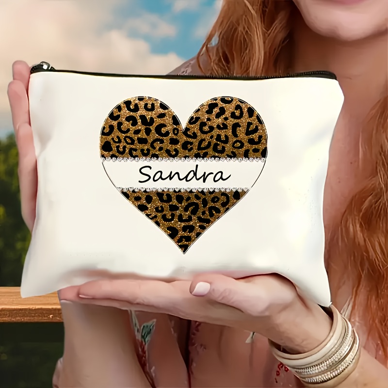 TEMU 1pz Borsa Trucco Personalizzabile con Stampa Leopardo e Cuore Beige - Regalo per Migliori & Sorelle, Astuccio Cosmetico Portatile con Cerniera,
