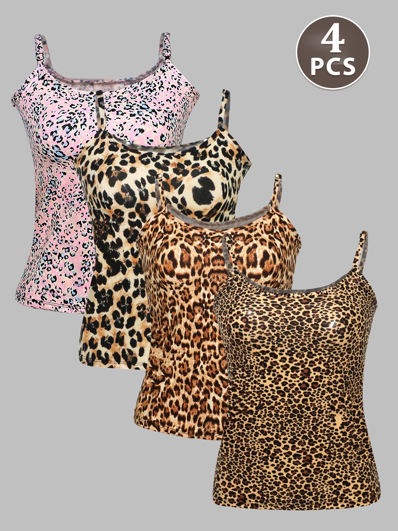 4pcs womens leopard print camisole   sexy fitted cropped sleeveless   with adjustable spaghetti straps soft stretchy fabric for layering casual wear     summer fashion fashionforward style seamless design
