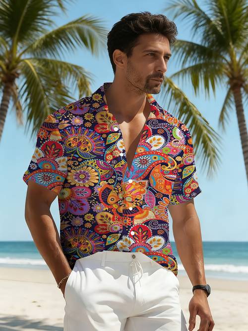 mens colorful paisley print short sleeve shirt vintage trendy casual vacation shirt