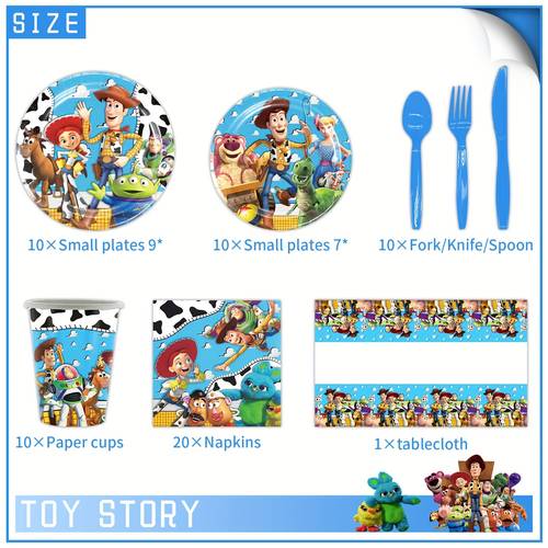 81pcs, Authorized,Disney Toy Story Themed Birthday Party Paper Plates Tissue Cups Tablecloth Suitable For High Quality Cute Style Party Decorations Supplies Gifts Birthday Banquet Picnic Arrangement 10 People