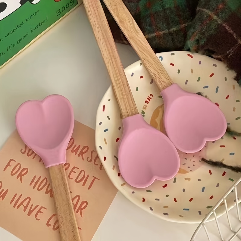 

1pc Heart-shaped Silicone Scraper Set With Wooden Handle - Food Grade, Non-electric, Safe For Baking & Cooking | Assorted Colors