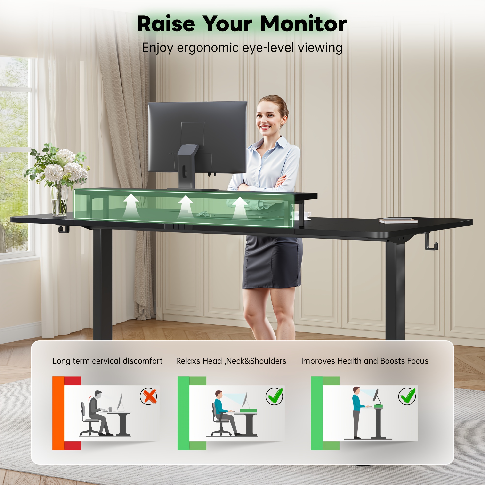 71×36 Standing Desk Electric Adjustable Height Desks, Home Office Desks With Cable Management, Monitor Stand, 2 Hooks, 5 Power Outlets, 3 Memory Adjustable Height Computer Desk