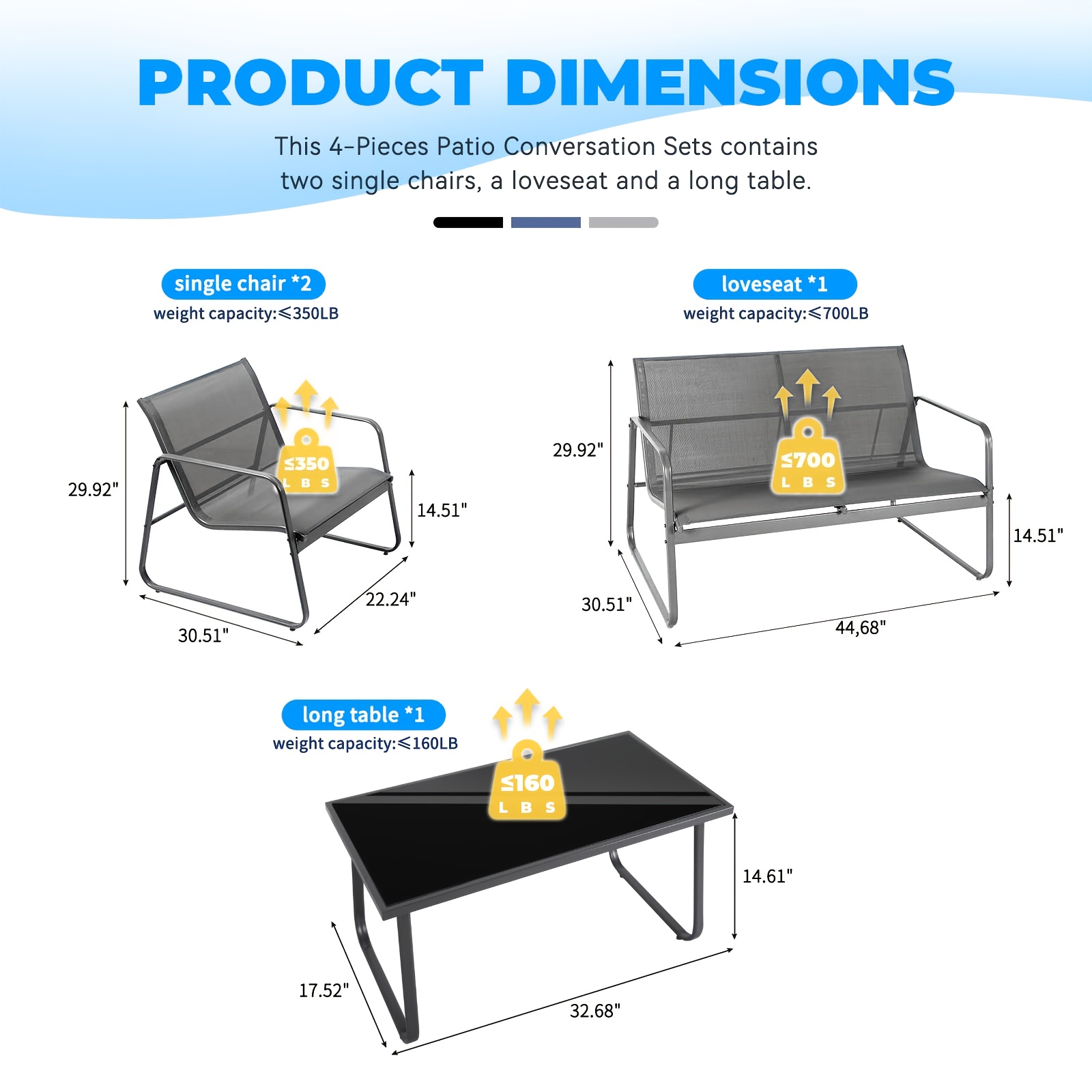 Patio Furniture Outdoor, Outdoor Patio Furniture Set Poolside Lawn Chairs Tempered Glass Coffee Table Garden Conversation Sets Loveseat Porch Textilene Fabric Black Or Grey (4 Pieces )