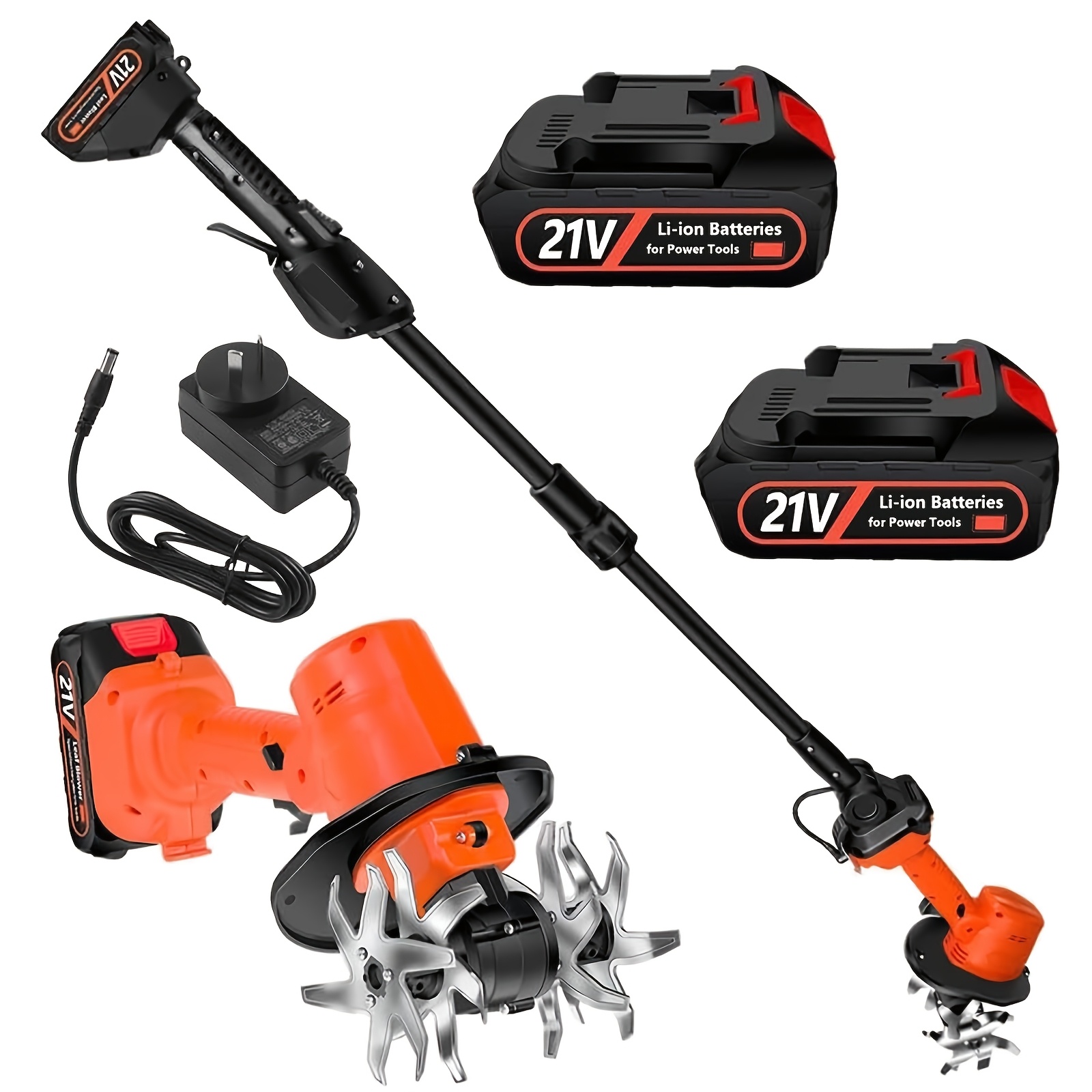 TEMU 21v Cordless Mini Garden Cultivator With 2 Lithium-ion Batteries, Adjustable Length Handle 235rpm Electric , 4pcs Steel , Dual Safety Switch