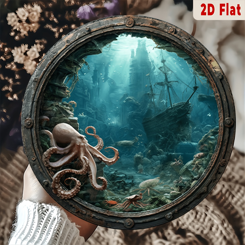 TEMU 2D Flat - 2D Ebene - Metall Wandkunst Schild, mit 2D Ebene und kreisförmigem Design, mit dekorativem Schottmuster, enthaltend eine Octopus und