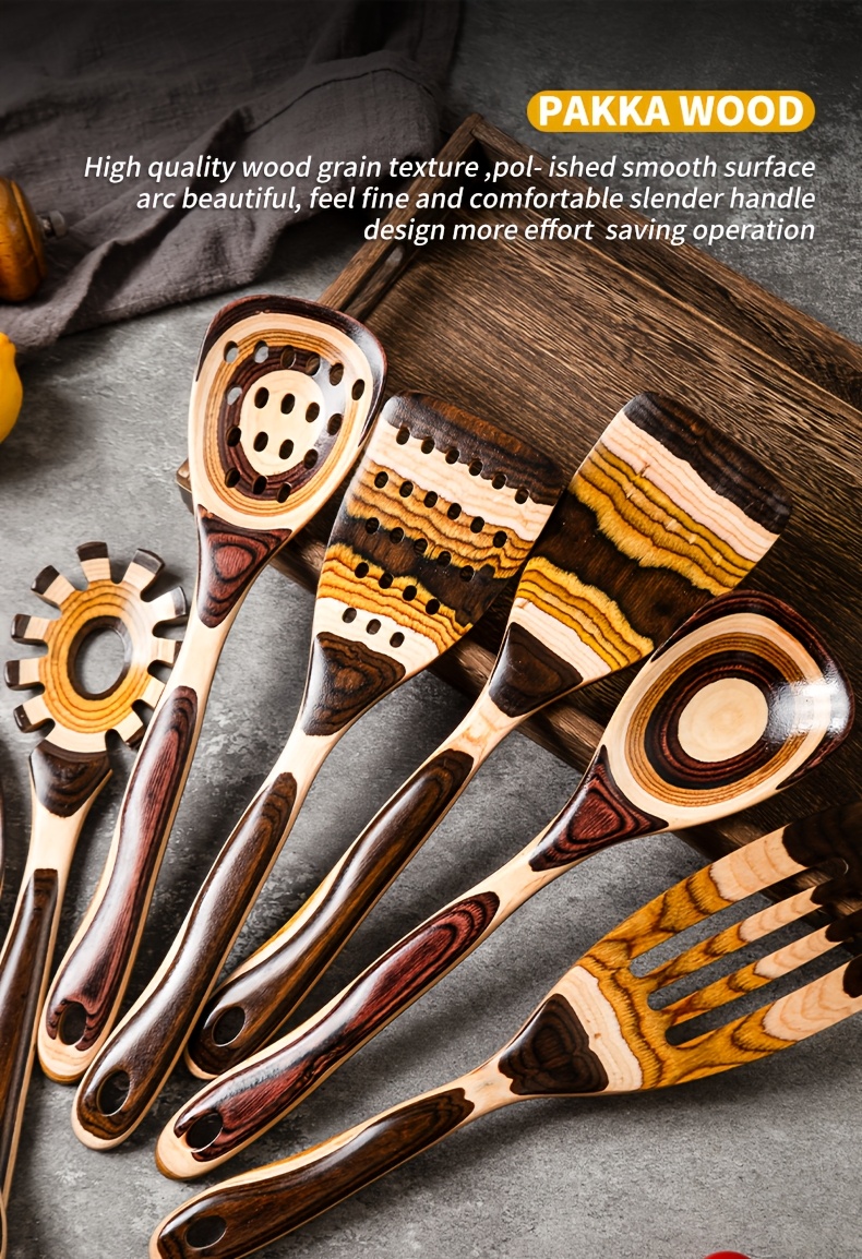 Pakkawood Spurtle Set, Kitchen Utensils Set For Cooking, WOSPONFAN 7pcs Pakkawood Wooden Cooking Spoons & Spatulas With Spoon Rest, Safe For Non-Stick Cookware, Outdoors & Kitchen Gift (Brown Spoon-7pcs)