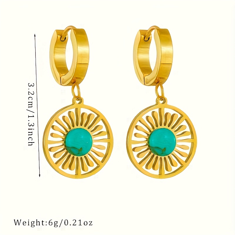Vintage Stainless Steel Turquoise Sunburst Coin Pendant Earrings