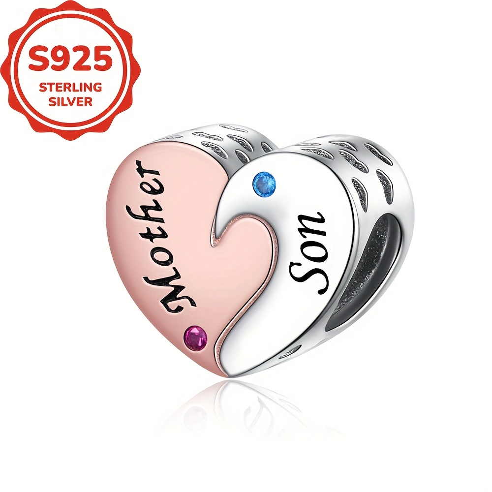 Image of 1pc 925 925 Silvery Unique 2 Tone Heart-shaped Mother And Daughter Son Themed Men Pendant, Suitable For Jewelry Making, As Mother's Day Or Birthday Gift