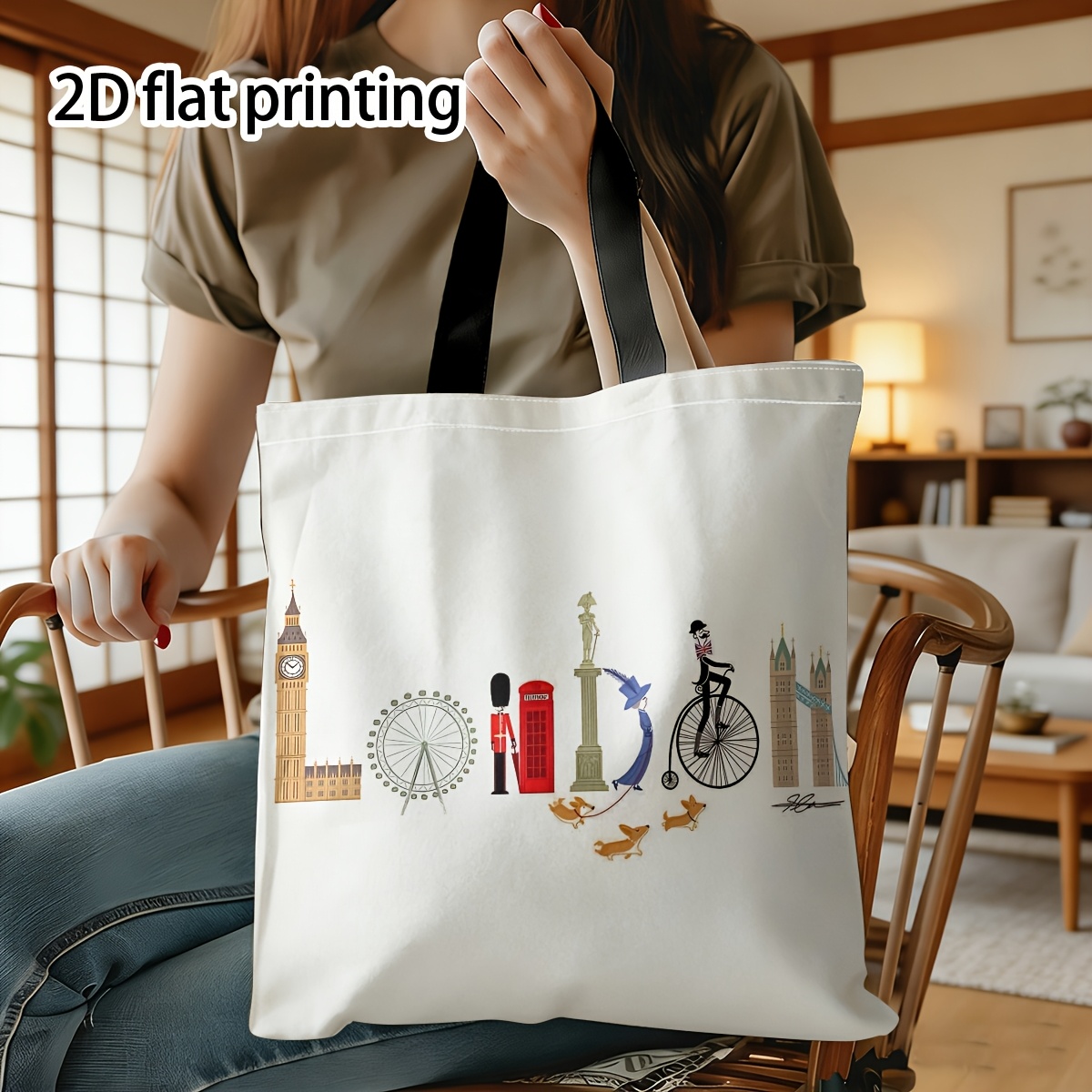 TEMU London, Iconic Landmarks, Cityscape Illustration Tote Bag Print Colorful Shoulder Bag Suitable Outdoor Shopping Suitable Gatherings Holiday