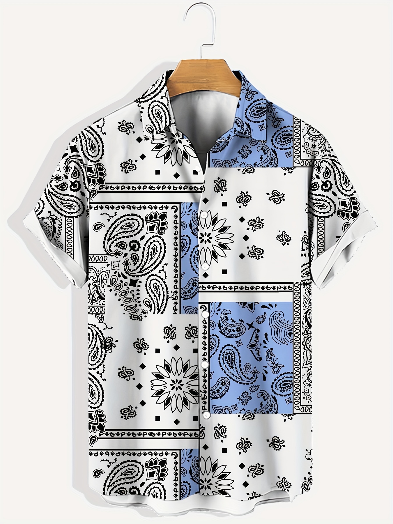 クラシックペイズリー柄メンズカラーブロック半袖ボタンダウンシャツ サマーリゾートバケーション メンズレジャーウェア - Temu Japan