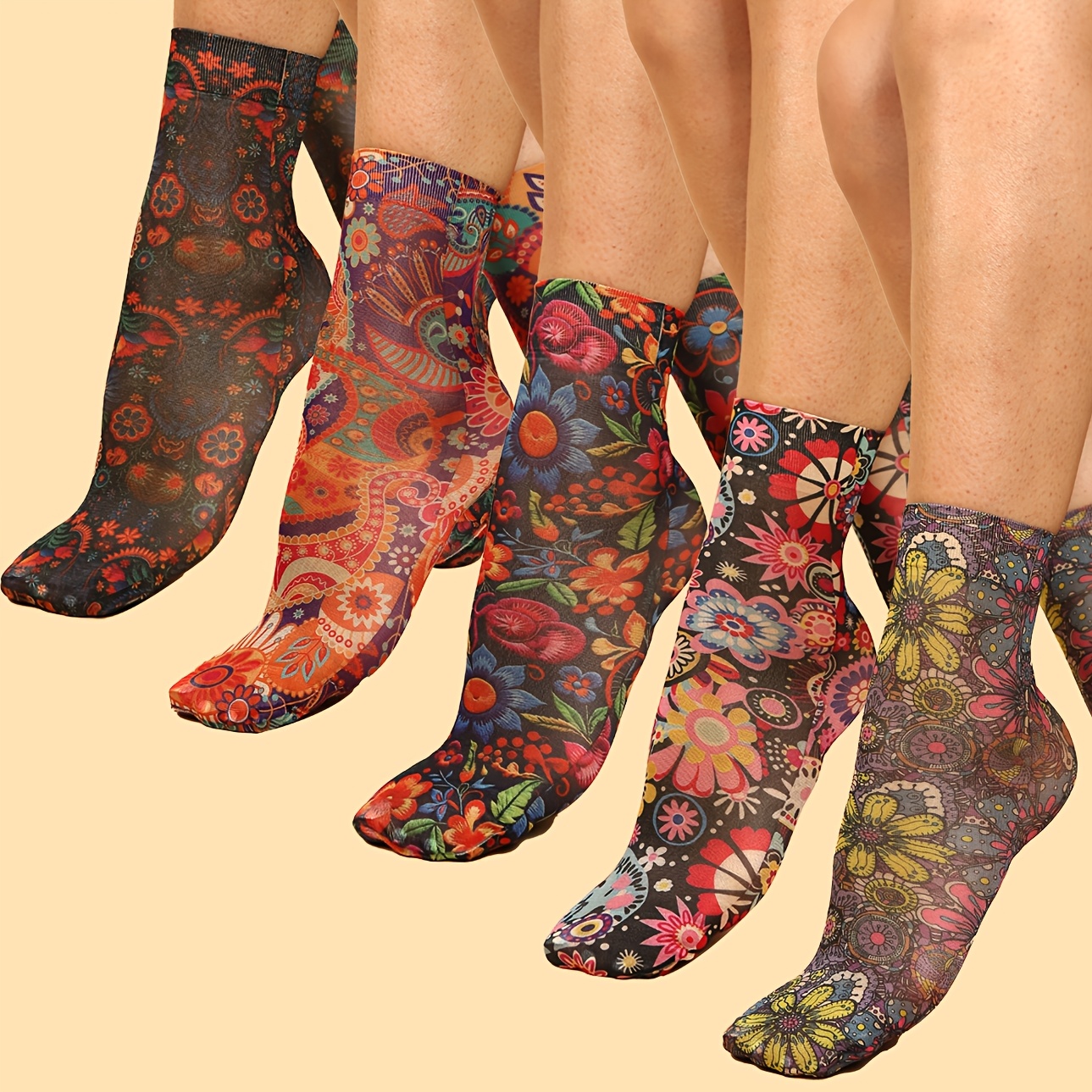 TEMU 5-pair Floral Women's Ankle Socks, Random Print Women's Mid-calf Socks