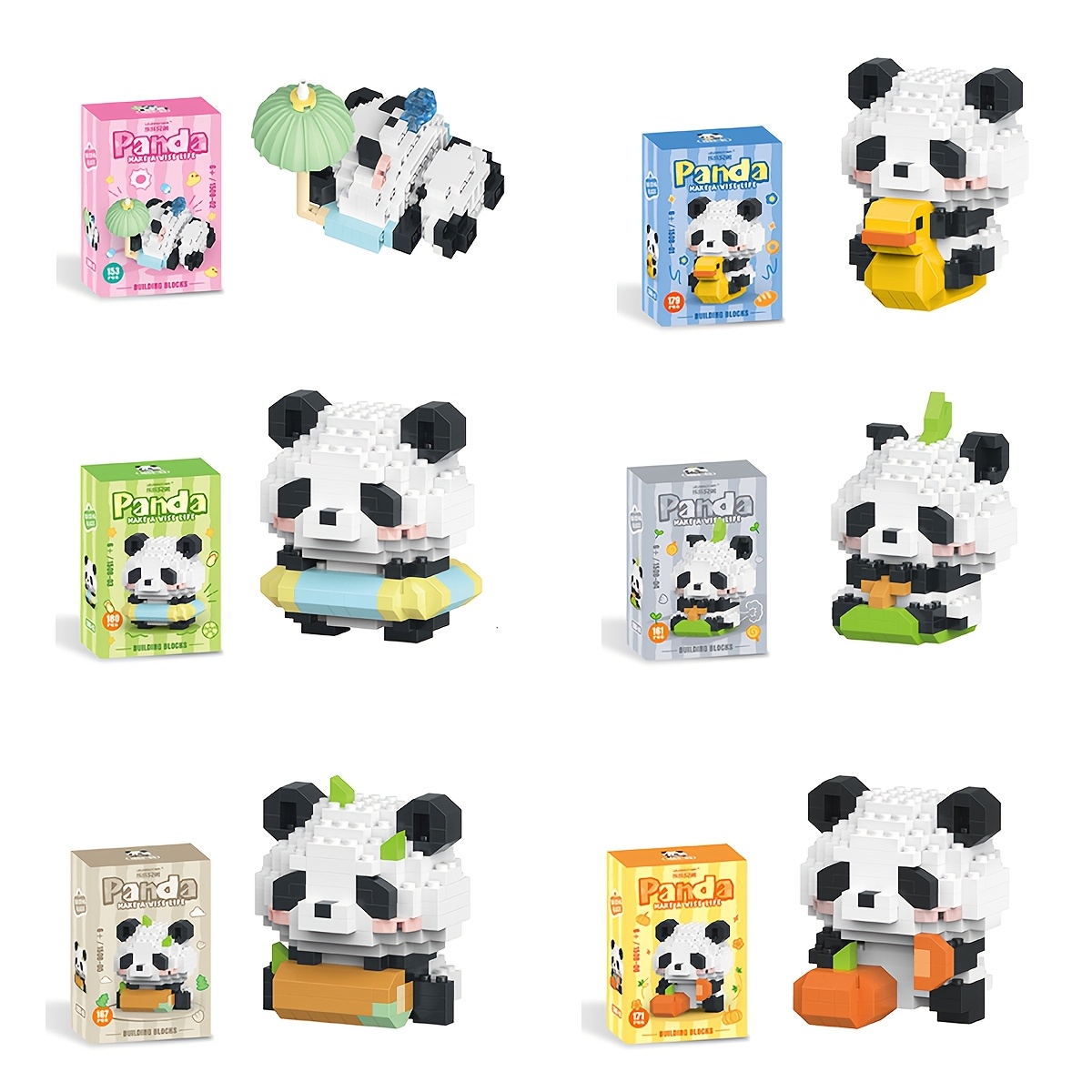 TEMU Lot de 6 ornements mignons en de construction Panda, cadeau décoratif pour fête d'année. Série Panda, de construction à petites avec plusieurs