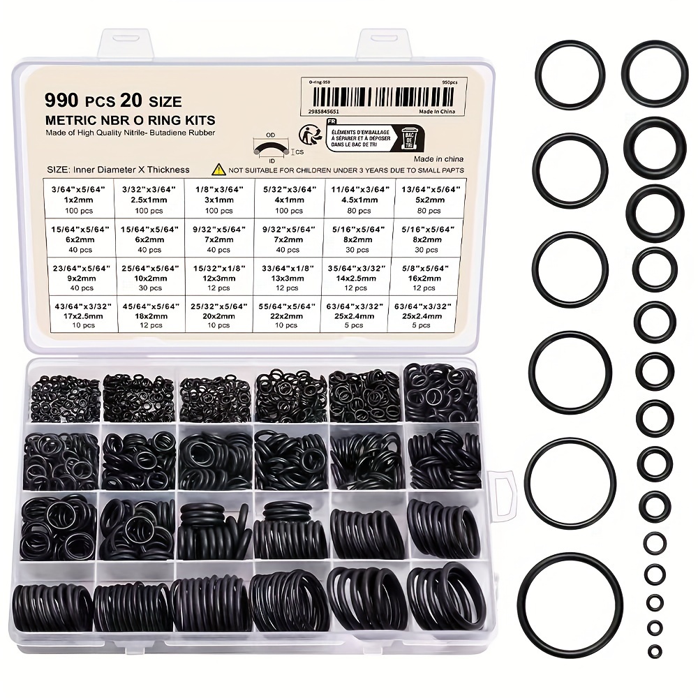 

990pcs Nitrile Kit, 70a Durometer, Round Cross Section, Synthetic Rubber Gasket Assortment, 20 Sizes For Pressure Washer, Plumbing, Air & Gas Seals, Heat & Oil Resistant