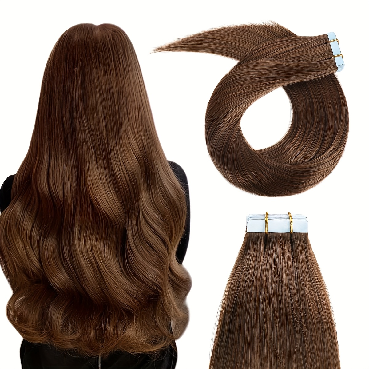 Image of 40cm/16 Inch Chocolate Brown 20pcs 40g Per Pack Tape In Hair Extensions Human Hair Straight Seamless Skin Weft Human Hair Tape In Hair Extensions For Women (#4, 16 Inches)