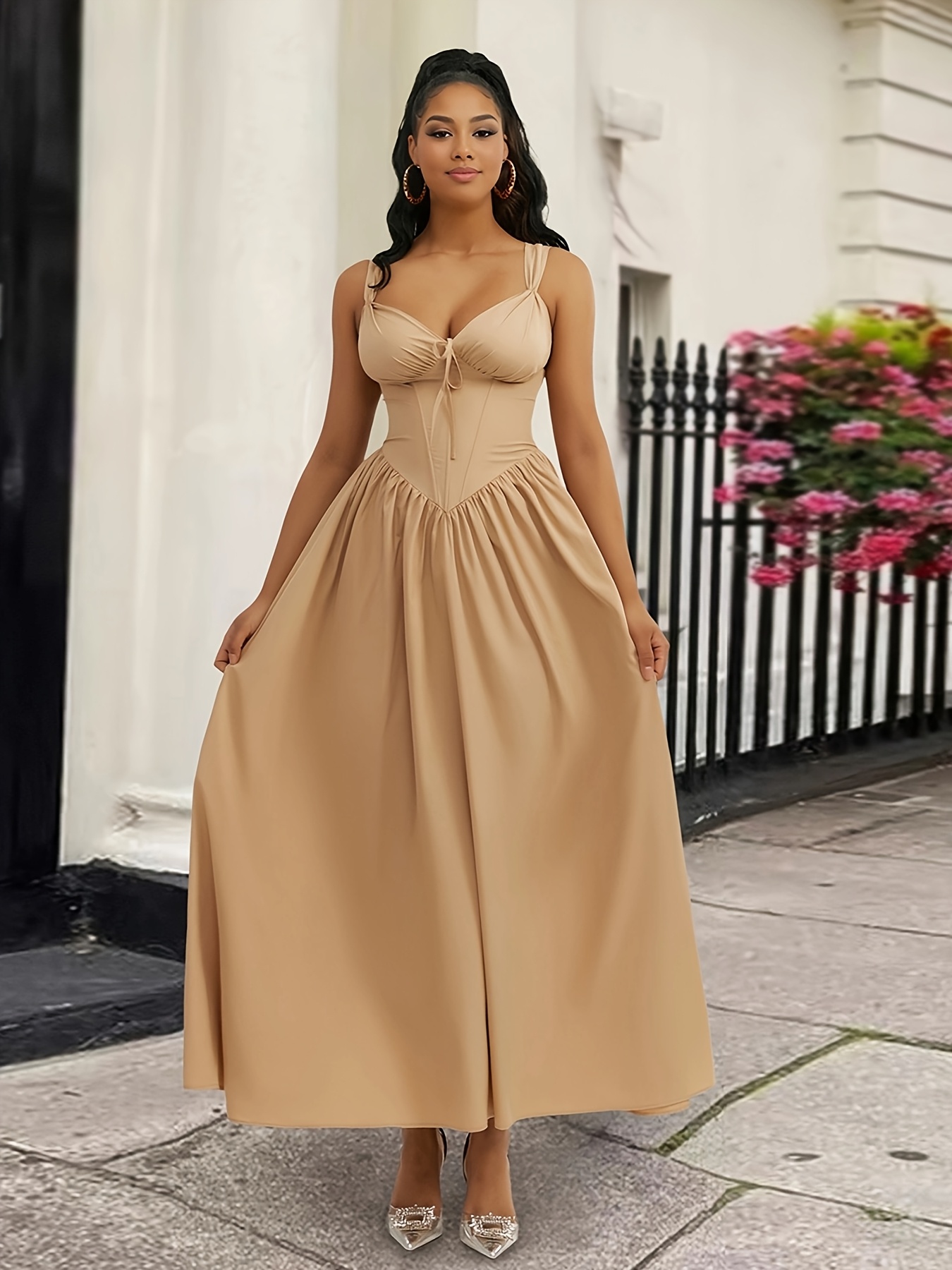 vintage spaghetti strap corset waist khaki maxi dress