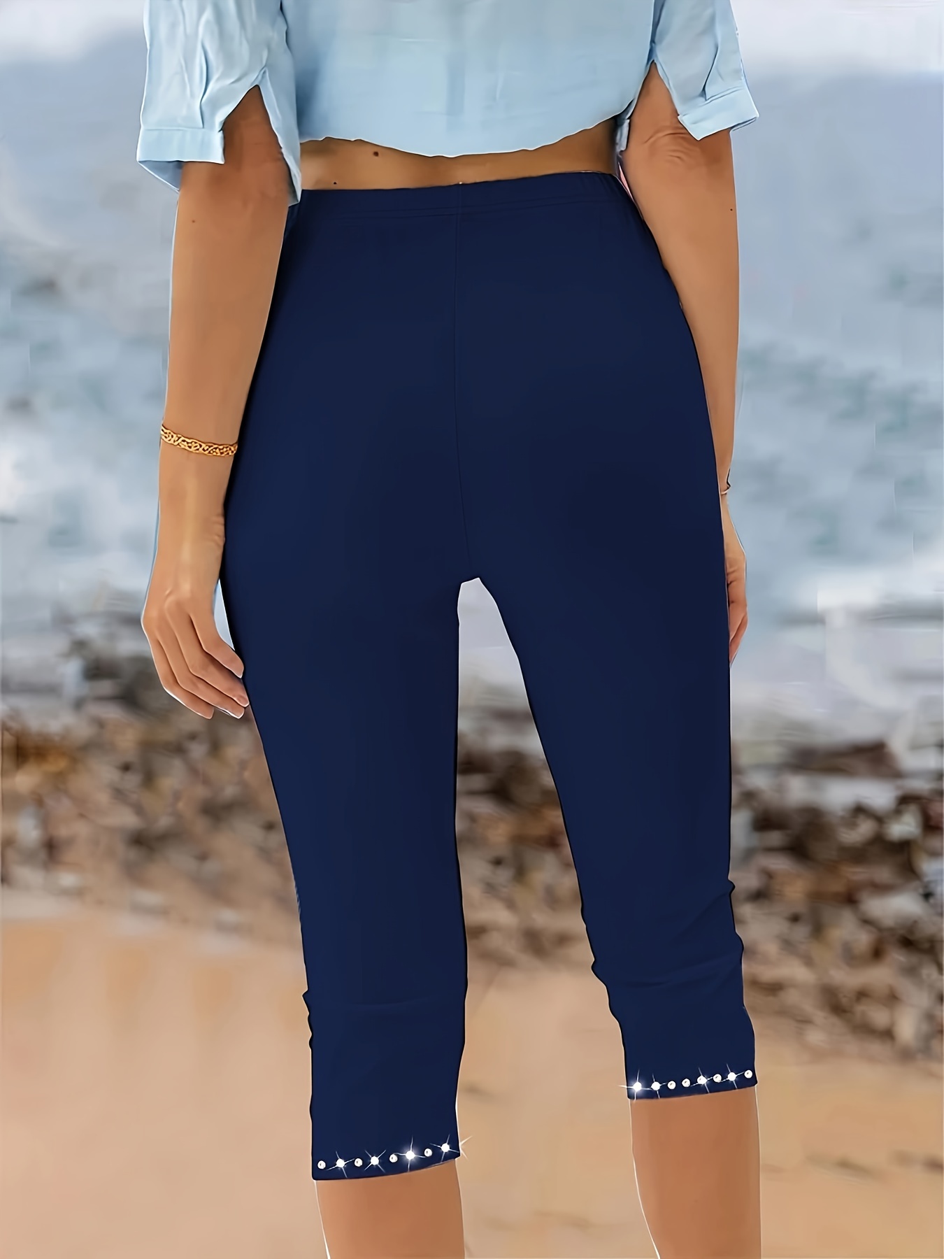 Plus Size Rhinestone Decor Capri Leggings, Casual High Waist Stretchy Leggings For Spring & Summer, Women's Plus Size Clothing