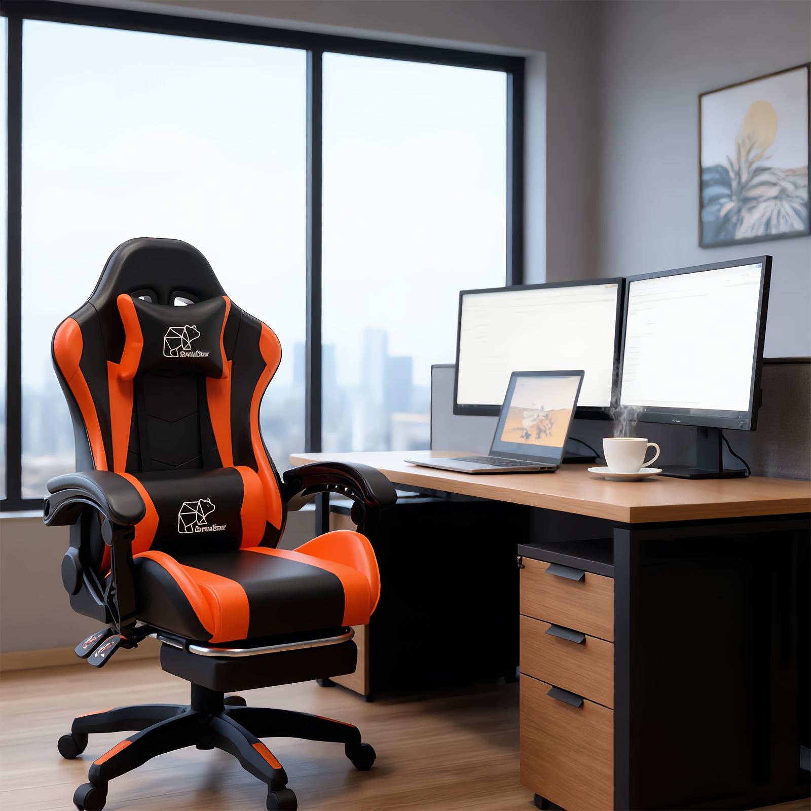 1pc Heavy-Duty Manual Recline E-Sports Chair Suitable for Adults & - Adjustable Footrest/Lumbar Support Gaming Desk Chair with Fixed Armrests, High-Padding Ergonomic Seat for Home Office Computer Chair, Modern for Home and Office Use